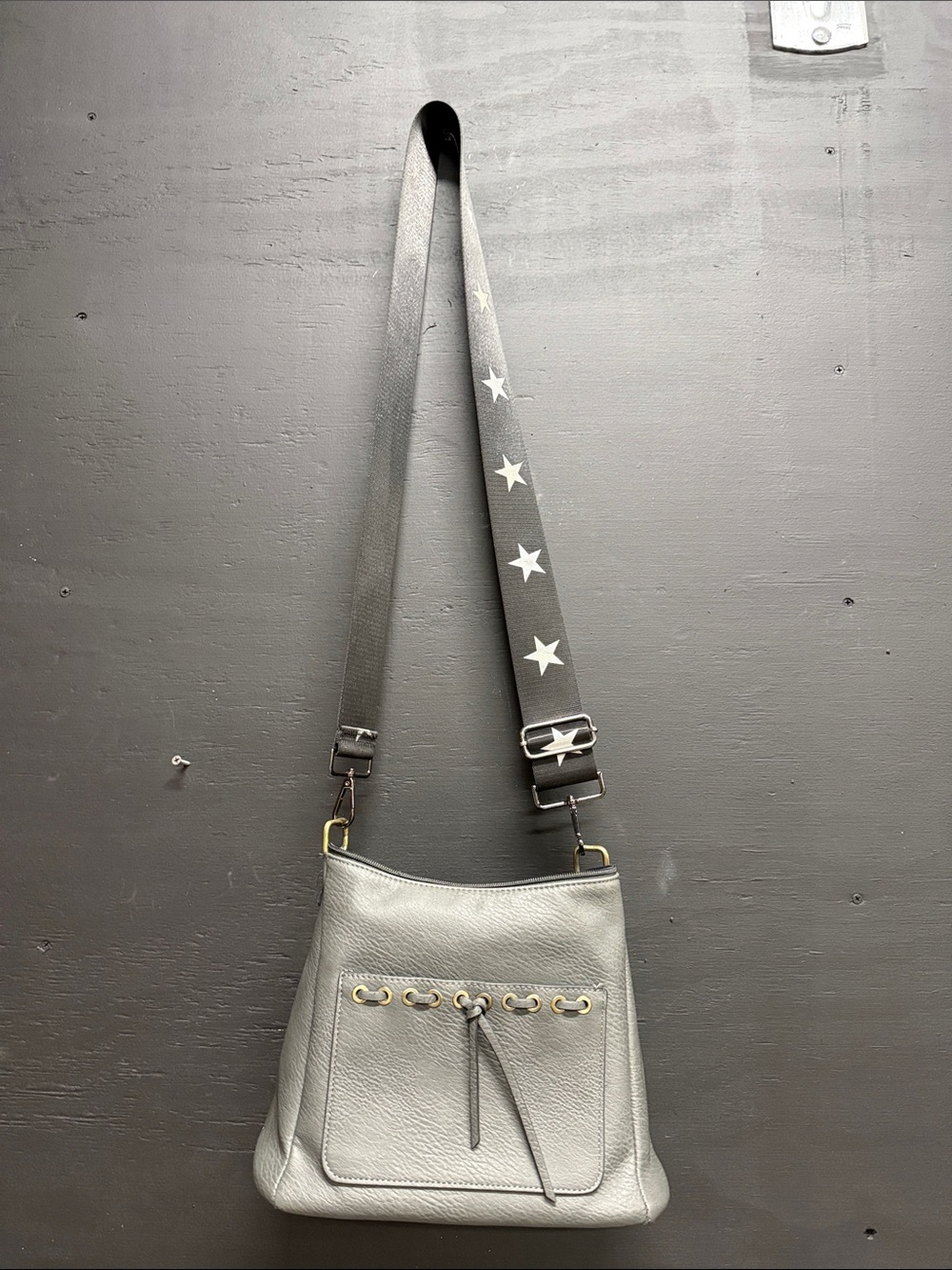 Gray Leather Crossbody with Star-Detail Adjustable Strap